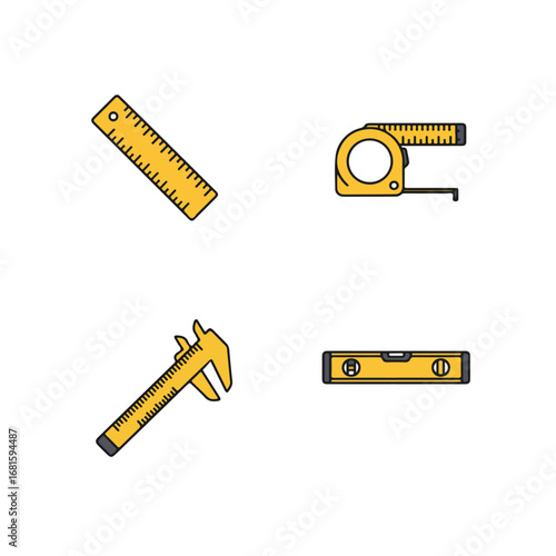Tools Yellow ruler, tape measure, calipers, spirit level on white