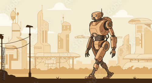 Robot walks through a futuristic city