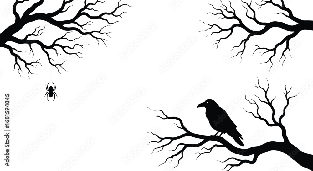 Fototapeta premium Halloween background with crow spider and bare tree branches art