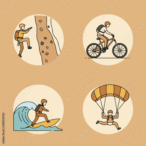 Activity circles climb, cycle, surf, parachute, on tan background