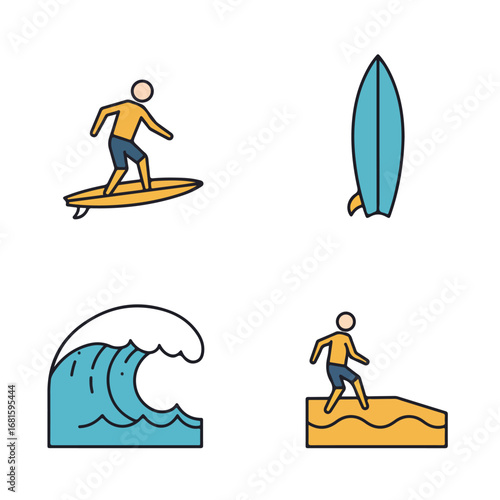 Surfing icons surfer, surfboard, wave, sand