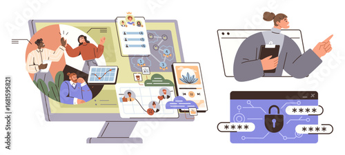 Computer screen with interactive tools, worker managing tasks, password security, network diagrams. Ideal for teamwork, technology, remote work, organization, privacy connections simple flat