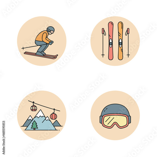 Skiing icons skier, skis, lift, goggles