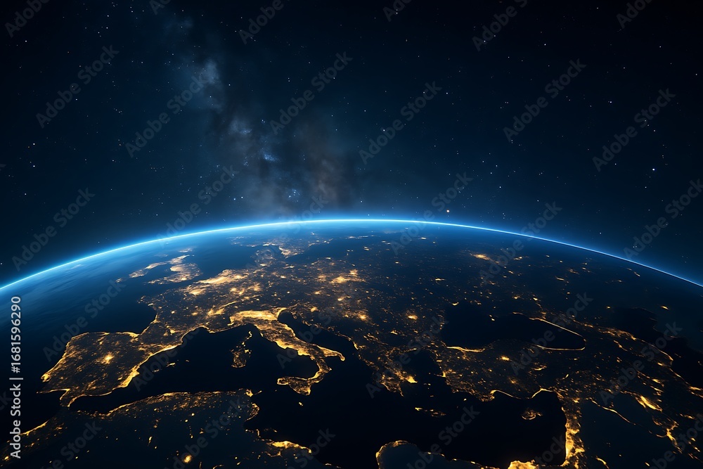 Naklejka premium Satellite view of earth planet from space showing glowing city lights atmosphere galaxy stars universe cosmic exploration astronomy science future and global environment concept