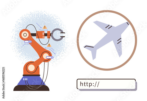 Robotic arm working on small components, airplane icon in magnifying glass, search bar. Ideal for tech, automation, innovation, aerospace, design digital tools engineering. A simple flat metaphor