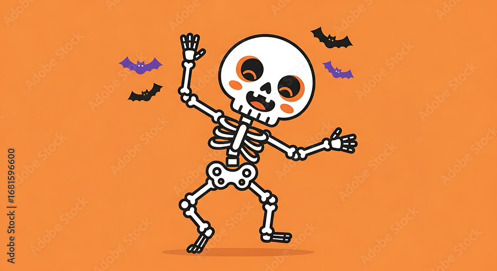 Fototapeta premium A cheerful cartoon skeleton dancing happily with bats against a festive orange background for Halloween