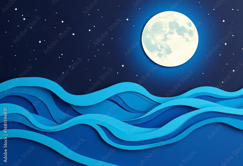 Fototapeta premium Abstract blue waves, full moon, stars, paper cut-out style night sky, pattern, serene