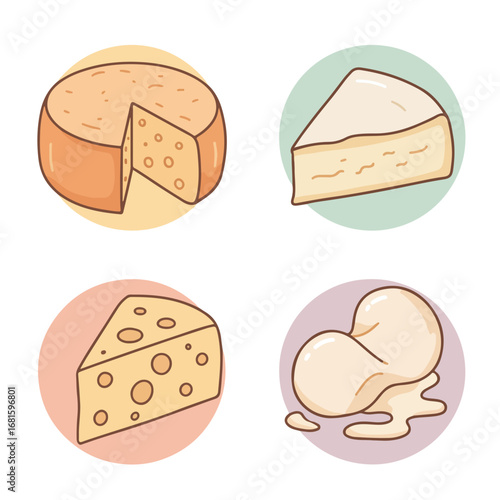 Cartoon cheese Four different types on backgrounds in a flat style