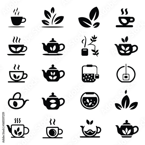 Collection of black and white tea icons including teacups teapots and leaves