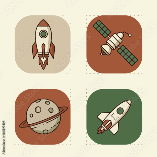 Four icons depict rockets, planet, & satellite on rounded squares