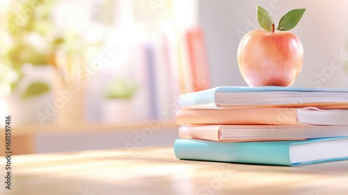 Colorful notebooks and red apple on wooden desk for back to school inspiration