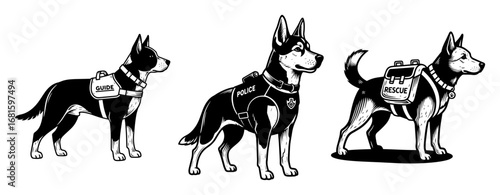 Service Dogs Vector Set – Police K9, Search & Rescue, Medical Assistance German Shepherd Illustrations, Detailed Black & White Silhouettes
