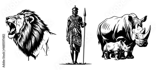 African Safari Vector Pack – Roaring Lion Head, Maasai Warrior with Spear, Rhinoceros Mother & Calf, Detailed Black and White Engraving