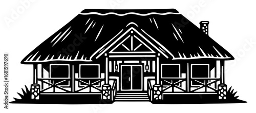 Safari Lodge Vector – Traditional Thatched Roof Hut with Veranda, Detailed Black & White Architectural Illustration