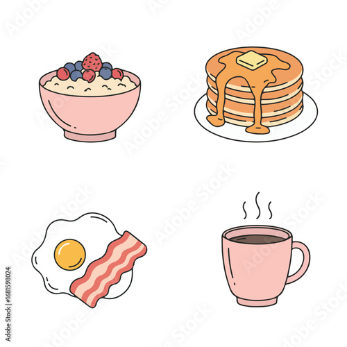 Breakfast treats oat, pancakes, egg, bacon, hot coffee