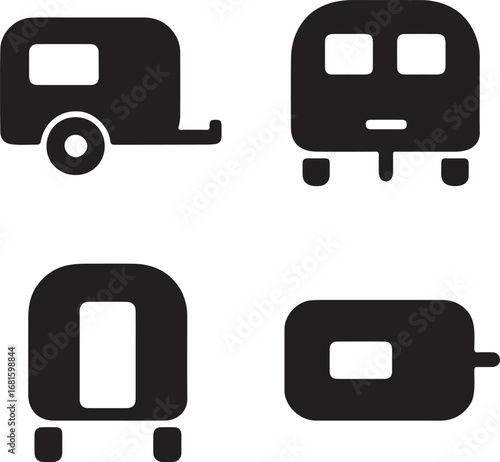 camping trailer silhouette icons set side, front, back, and top views vector art illustration