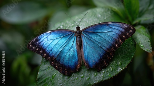 Vibrant blue butterfly on a dewy leaf