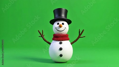 Joyful snowman character with top hat and scarf waves cheerfully on vibrant green screen background, ready for winter animation.