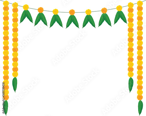 Traditional Indian marigold flower garland toran with mango leaves, festive floral decoration for Hindu wedding, Diwali, Navratri, and celebration design. Vector illustration