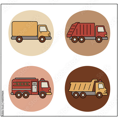 Truck Collection Four stylized utility vehicles in circle backgrounds
