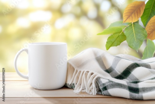 Cozy autumn scene with blank coffee mug and colorful leaves on wooden table