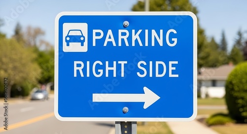 Blue Parking Right Side Sign with Arrow.