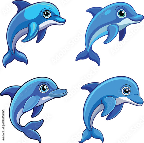 cute cartoon dolphins swimming in blue wate