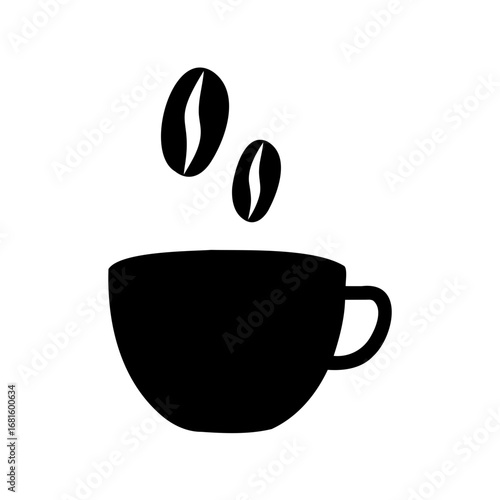 Minimalist coffee cup silhouette with falling beans on a white background