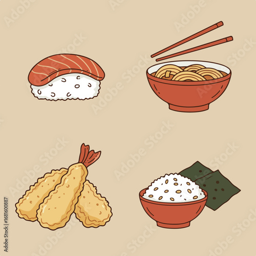 Food medley of sushi, tempura, noodles, and rice with seaweed