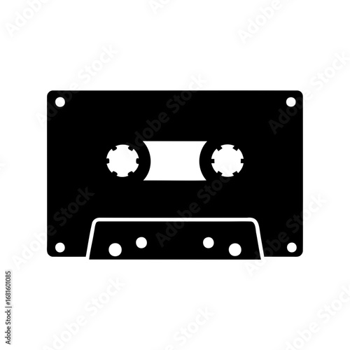 A black and white graphic image of an audio cassette tape