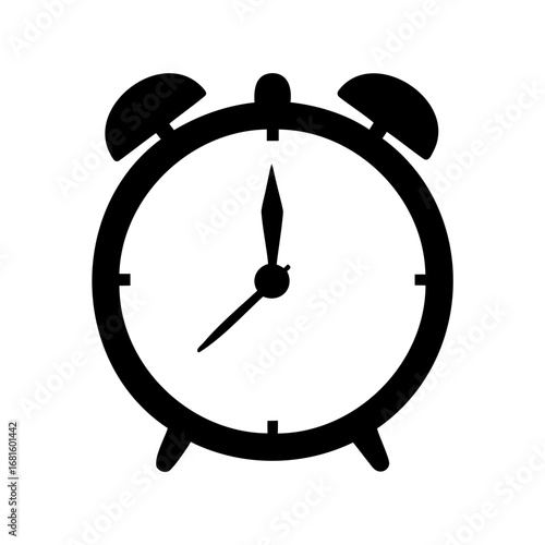 Silhouette of a vintage alarm clock showing a specific time, black and white