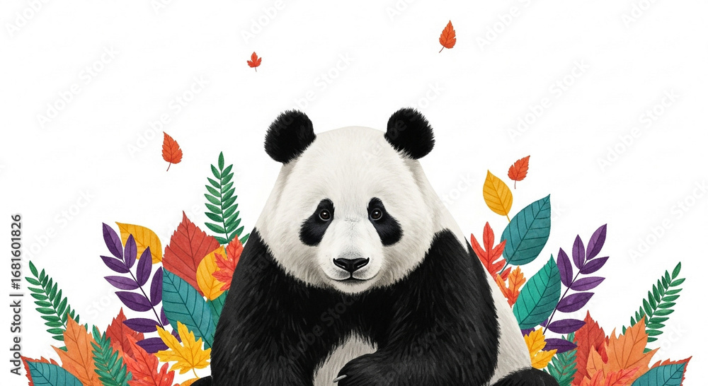 Naklejka premium Illustration of a panda bear sitting amidst colorful leaves on a white background.