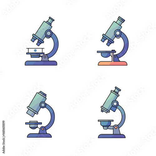 Microscopes Four stylized microscopes in shades of blue, teal and purple