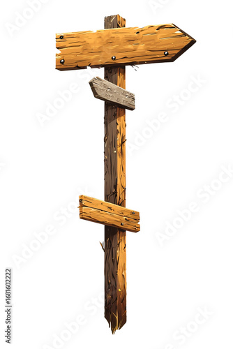 An old, weathered wooden signpost with a blank directional arrow is isolated on a white background