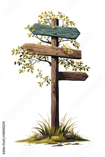 An isolated old wooden signpost with blank directional arrows points toward a tree