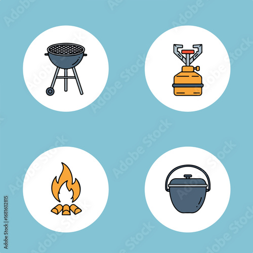 Camping tools grill, gas stove, campfire, and cooking pot on blue