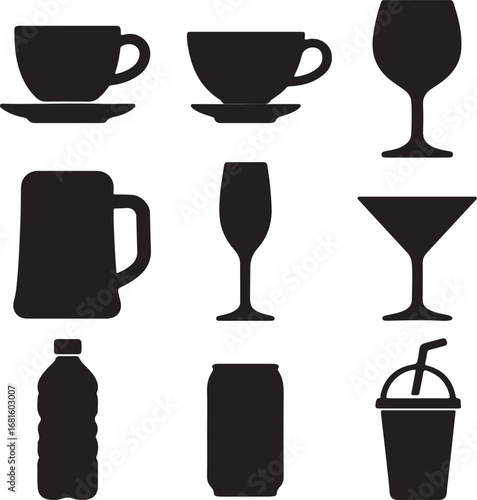 Set of Beverage Silhouettes – Vector Drink Icons Featuring Coffee Cups, Tea Mugs, Wine Glasses, Cocktail Glasses, Juice Bottles & Beer Mugs