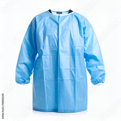 Hygienic surgical garment, sterile blue gown, protective medical apparel isolated on white background