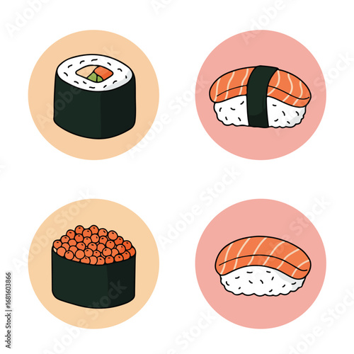 Sushi collection Different types sushi on pink and tan circles