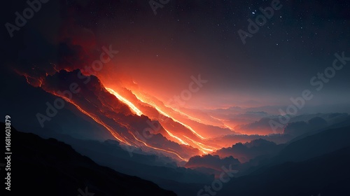 Lava flowing down volcanic slopes at night