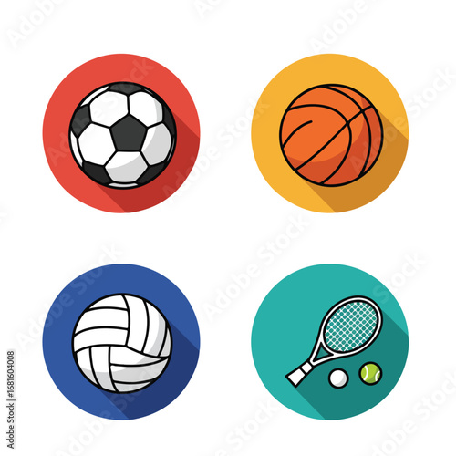 Four sports soccer, basketball, volleyball and tennis balls with equipment