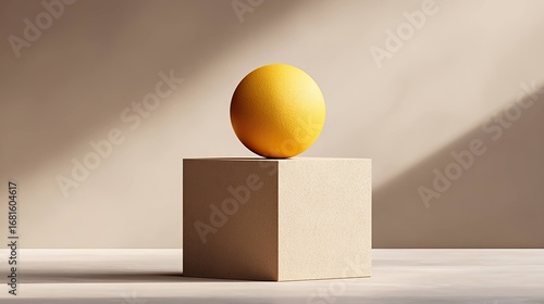 Minimalist display with yellow sphere and cube