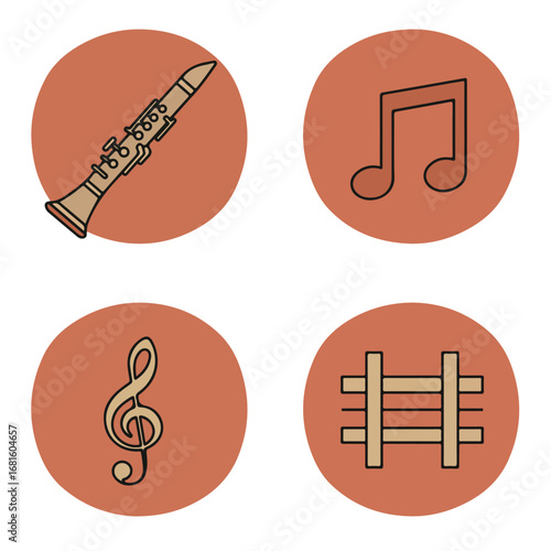 Music Icons Clarinet, note, treble clef, and music staff, on orange background