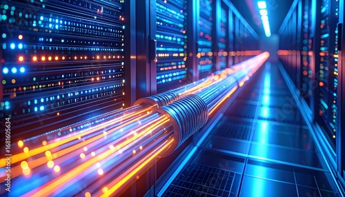 Close-up 3D render of glowing fiber optic cables linking futuristic servers, neon light trails symbolizing ultra-fast digital data transfer in cyber networks.