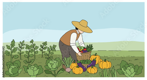 Harvest A farmer picks various vegetables