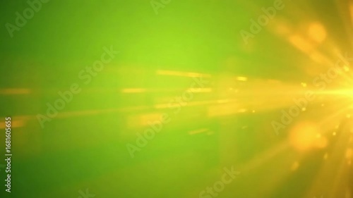 Dynamic golden sunburst flares emanate from right, casting vibrant light across a soft green background with bokeh effects, suggesting energetic motion and bright beginnings.