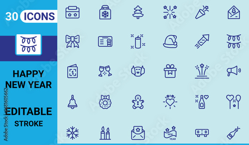 Happy new year icons set. Contains such icons Party, Fireworks, Winter, x mas, celebration and more. new modern icon and vector illustration.