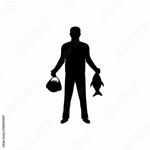 Sad buyer turns away from expensive fish silhouette on white background