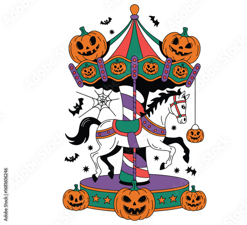 Haunted carousel horse with creepy pumpkin decorations vector isolated white background