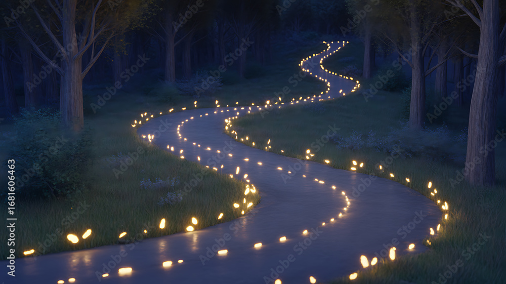 Obraz premium Abstract road at night with vibrant lights and a blue sky full of stars